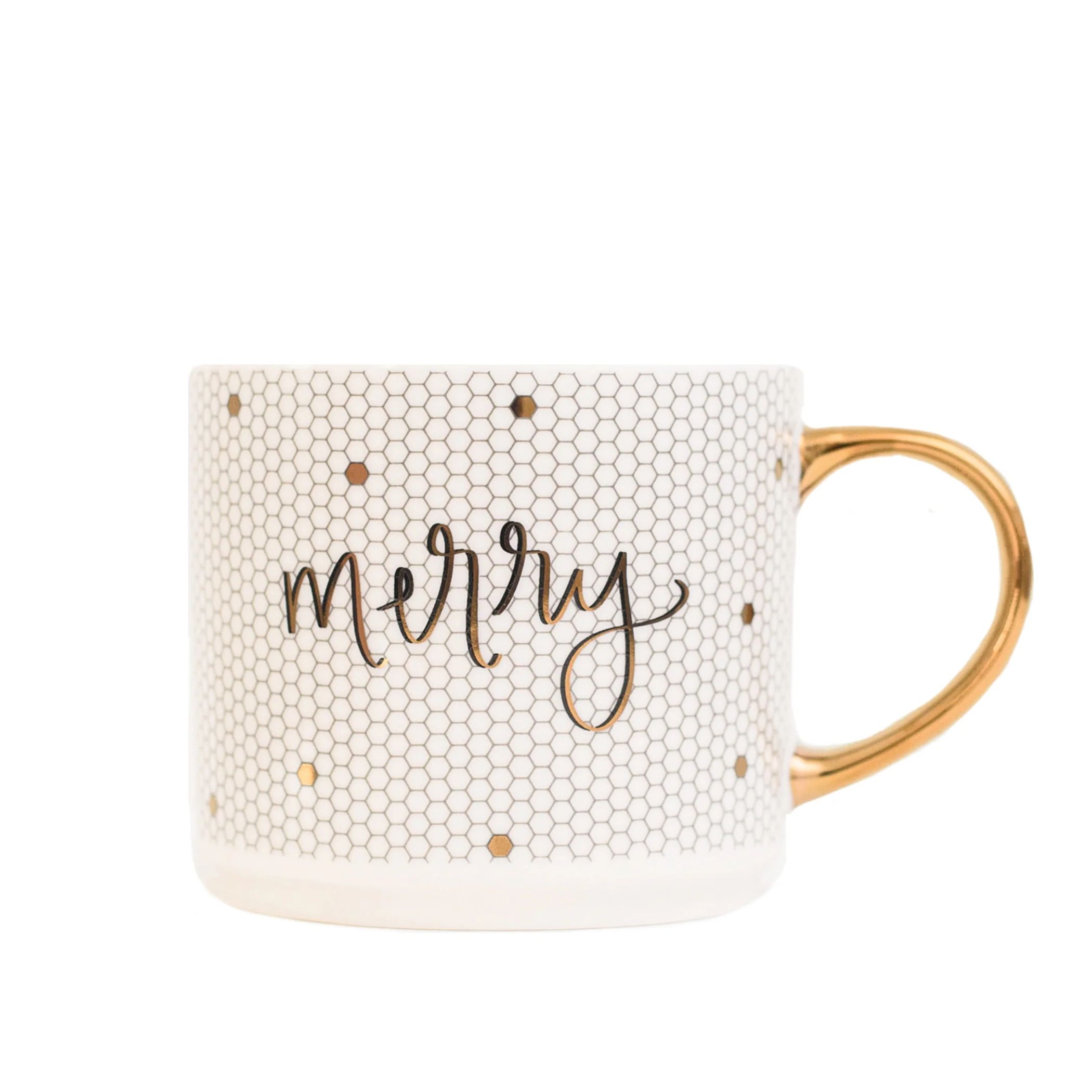 Merry - White + Gold Honeycomb Tile Coffee Mug | Sweet Water Decor, LLC