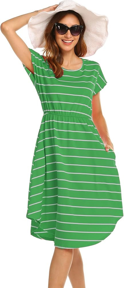 Halife Women's Short Sleeve Stripe Elastic Waist Casual Dress with Pocket | Amazon (US)