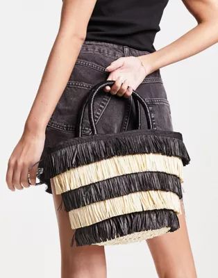 ASOS DESIGN tote bag in straw with black and natural fringe | ASOS (Global)