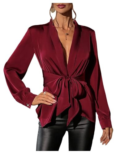 Amazon.com: SweatyRocks Women's Deep V Neck Satin Blouses Long Sleeve Tie Waist Asymmetrical Wrap... | Amazon (US)