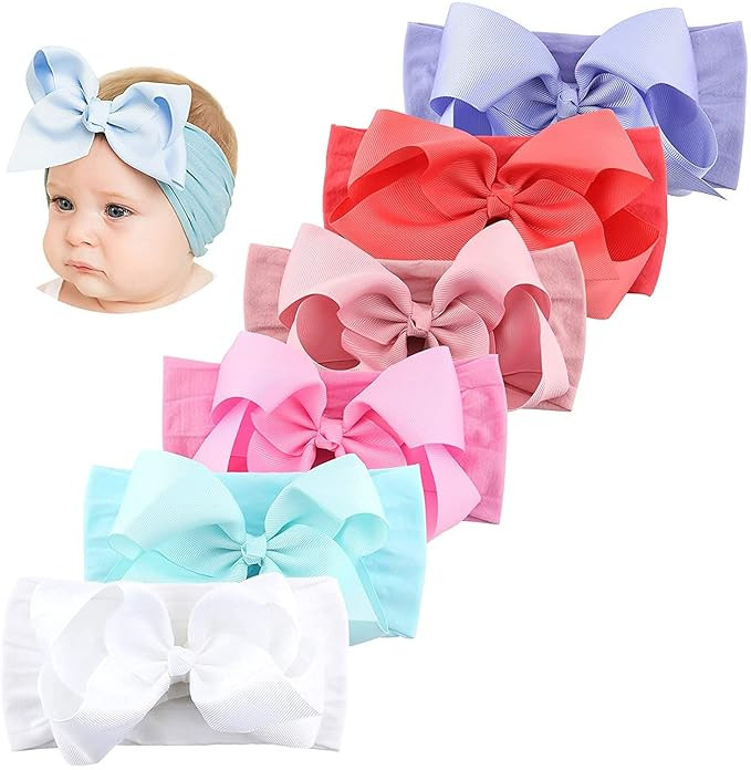Makone Handmade Nylon Headband with Bows Stretchy Pom Pom Bun 5.5 inch Big Hair Bow Headband for ... | Amazon (US)