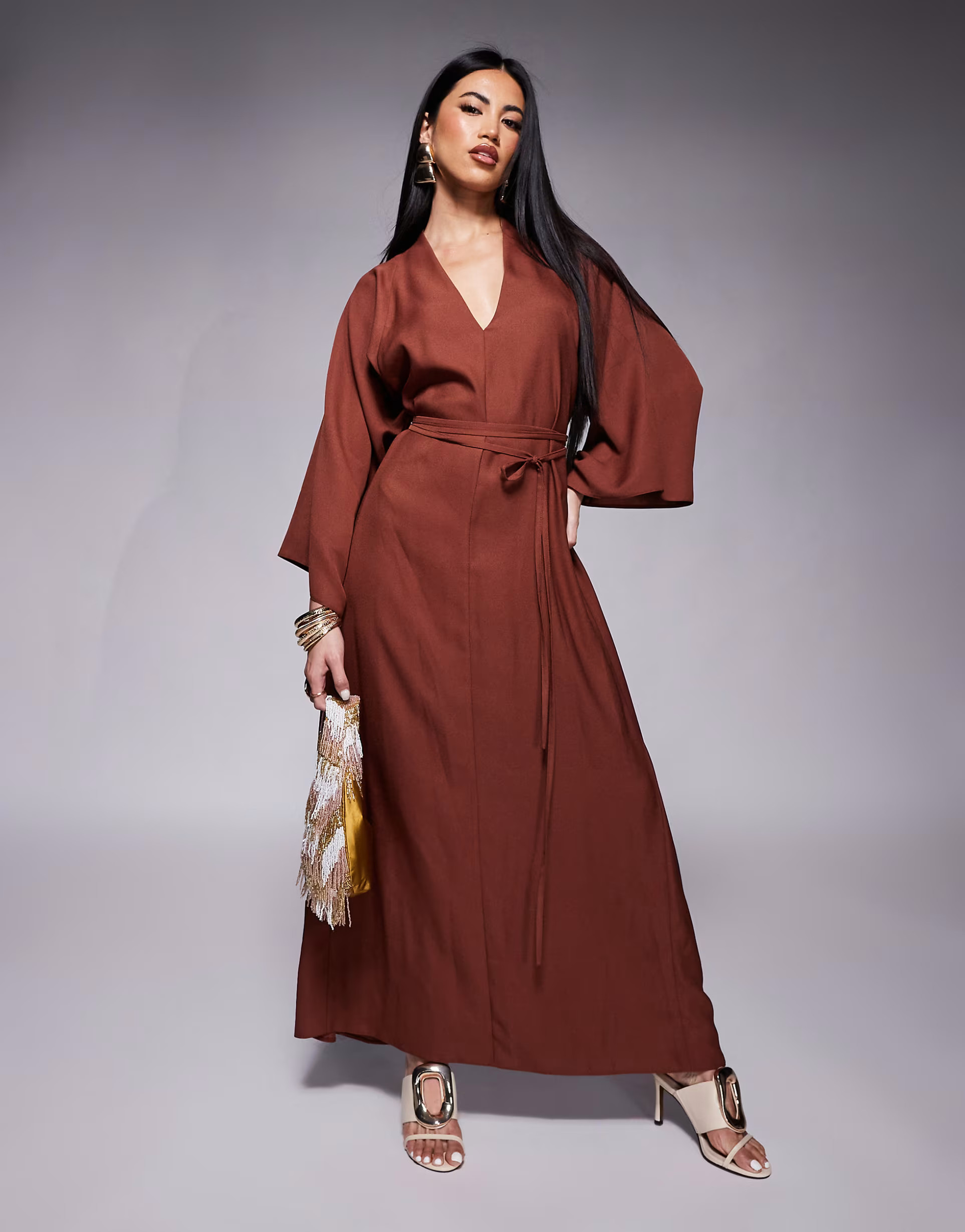 ASOS DESIGN kimono wrap around midi dress in dark brown | ASOS (Global)