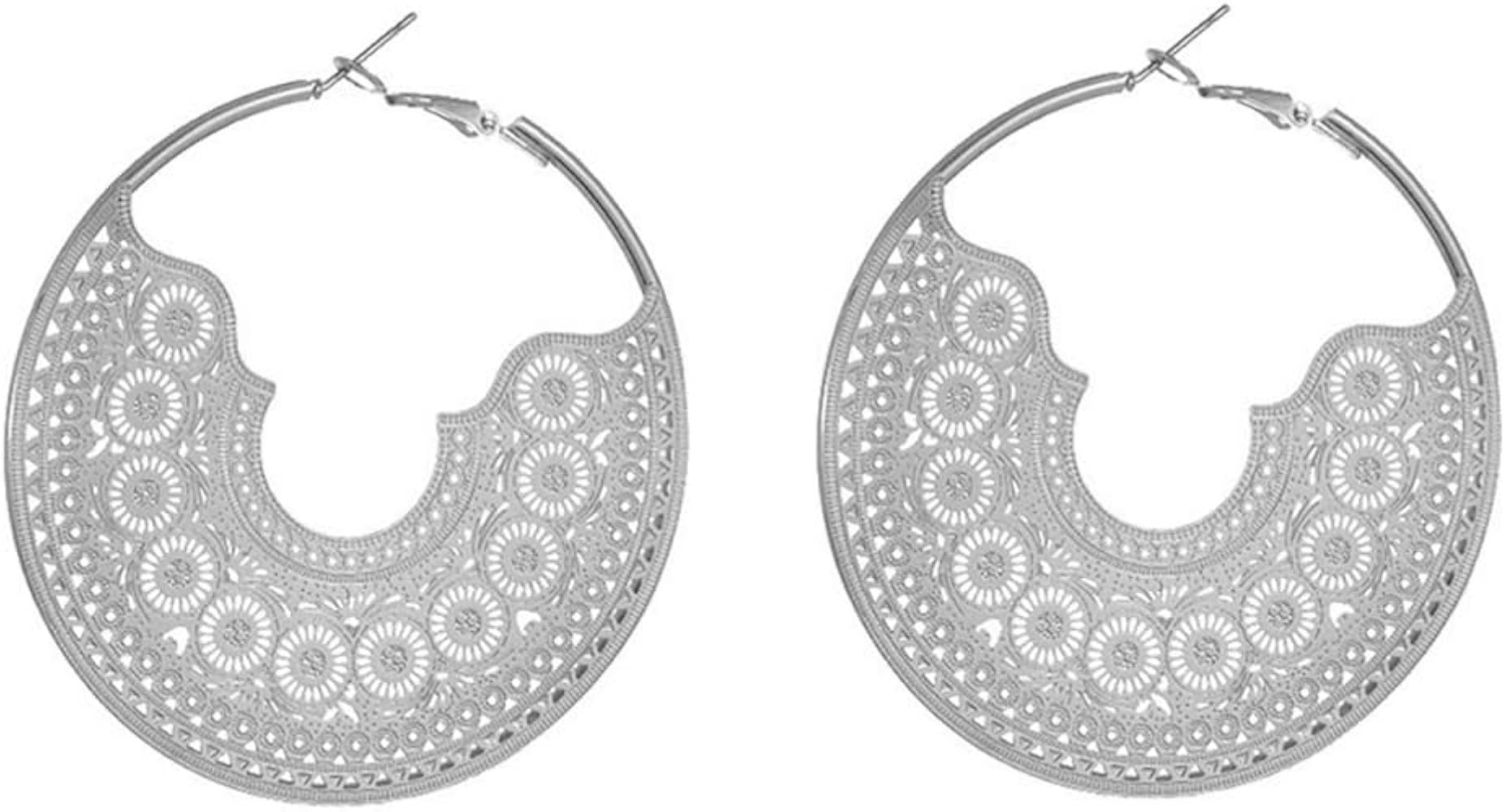 Chunky Metal Hoop Earrings Vintage Bohemian Textured Statement Earrings Gold Silver Oversized Pol... | Amazon (US)