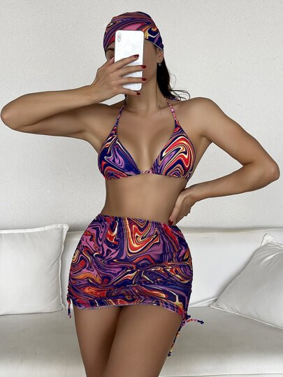 4pack Abstract Fluid Pattern Halter Bikini Swimsuit & Beach Skirt | SHEIN