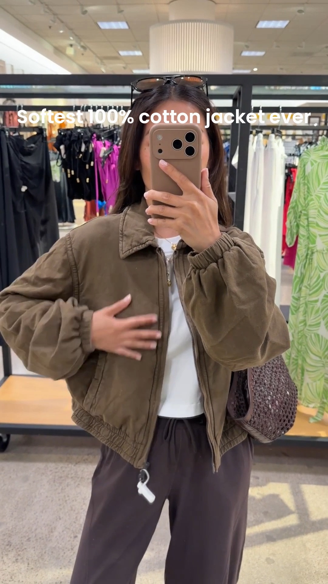 Size info below!  • 100% cotton jacket in XS from free people. casual washed broken-in feel with soft cotton gauze lining. Trying on the olive green which is more of a taupe brown tone in person . Oversized fit.
• lululemon relaxed cinch hem pants size 2, shorter 25" inseam 
• lulul crop tee XXS 
• Reformation sandals 5.5 
• Madewell bag & sunglasses 

Easy mom outfit, transitional fall outfit, petite friendly jackets