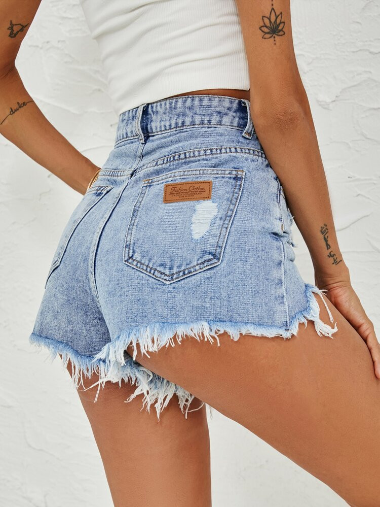 High Waist Raw Hem Denim Shorts | SHEIN