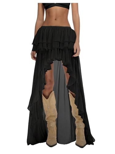 OYOANGLE Women's Boho Layered Ruffle Chiffon Maxi Skirt Y2K Elastic Cowgirl Western Asymmetrical ... | Amazon (US)