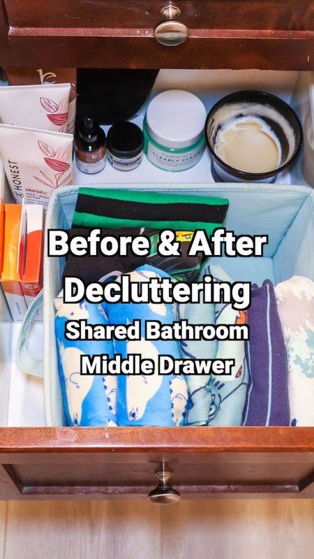 Before and After Decluttering Shared Family Bathroom Middle Drawer! This is a shared bathroom drawer of my husband, our son, and me. 

I linked our favorite items that we kept.

I decluttered pajamas that were too small, some empty bottles, some mostly used up fake tan and lotion (I switched to an even cleaner brand in preparation for starting trying to get pregnant), baby/toddler brushes, combs, and mirrors our son doesn’t use any more, and an expired product. 

I put the items that were our son’s that I thought could be gotten rid of (trash, recycle, donate, etc.) in a pile. Then when he got home, I checked with him that he was fine with getting rid of the items. This works well if a family member isn’t home or able to declutter with you at the same time. 

This was a quick decluttering project. It feels great to have only the items we use in this shared bathroom drawer. 

Get My Free Bathroom Decluttering Checklist: 
✨ ChrissyChitwood.com ➡️ Free Bathroom Decluttering Checklist 

Target, Amazon finds, declutter, organization, organize, home tips

#LTKfamily #LTKVideo #LTKhome