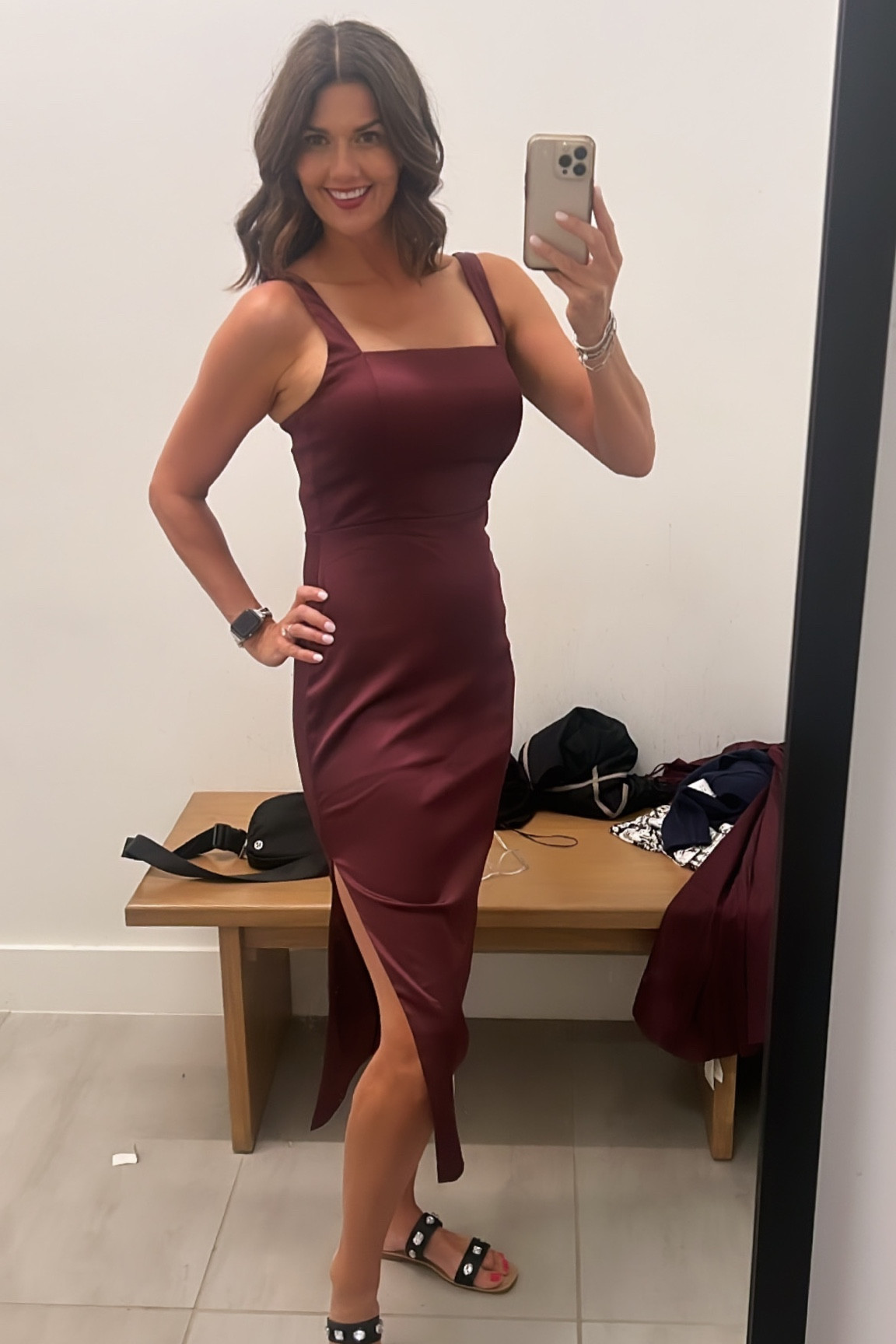 sculpting stretch satin midi dress Sculpting Satin Sculpted Neckline Midi Dress