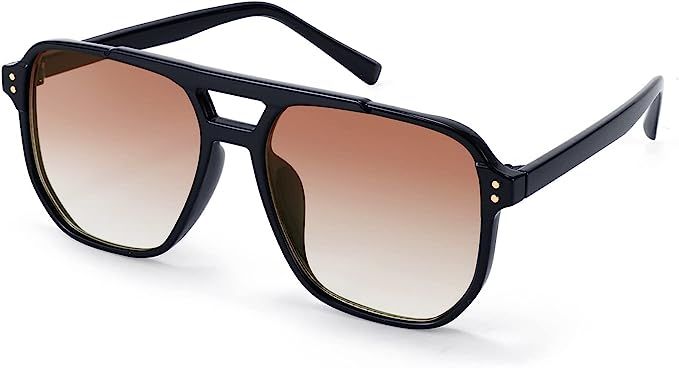 YuJian Retro Square Aviator Sunglasses for Women Men Double Bridge 90s Sun Glasses Shades | Amazon (US)