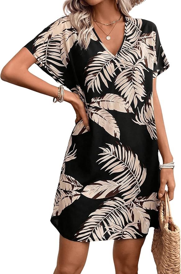 Floerns Women's Tropical Print Short Sleeve V Neck Summer Tunic Dress | Amazon (US)