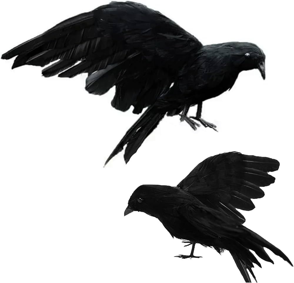 yumhum 2 Packs Large Crows Halloween Decorations, Lifelike Halloween Crows with Real Feathers Big... | Amazon (US)