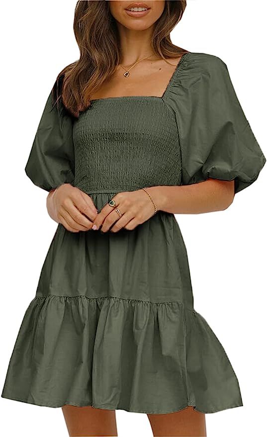 Angashion Women Square Neck Dress Solid Short Puff Sleeve Smocked Waist Knee Length Ruffle Summer... | Amazon (US)