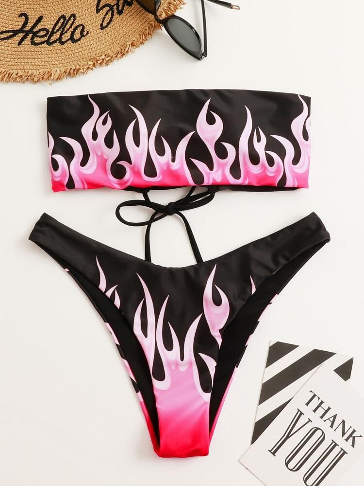Flame Print Lace-up High Leg Bikini Swimsuit | ROMWE