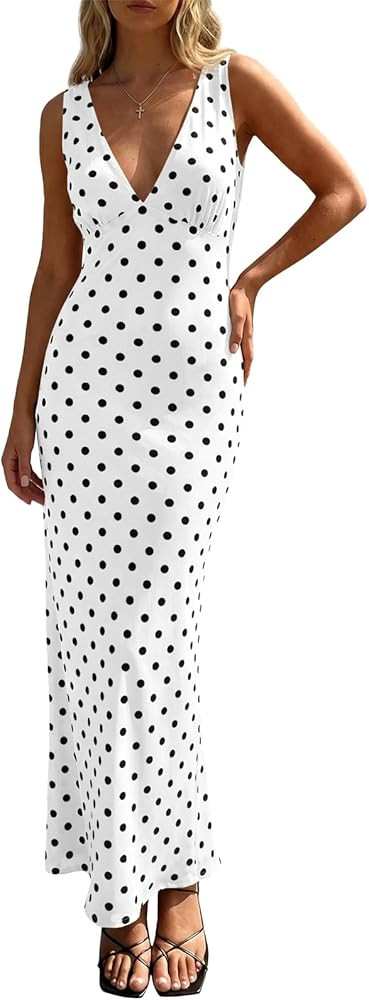 Wenrine Womens Summer Polka Dot Maxi Dress Mesh Wedding Guest Bodycon Sexy V Neck Sleeveless Part... | Amazon (US)