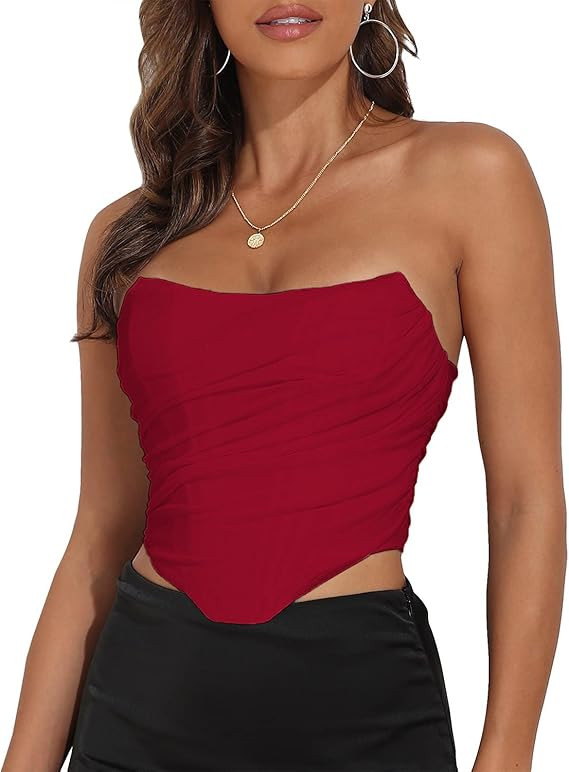 Women's Vintage Strapless Open Back Boned Mesh Bustier Zip Back Corset Bodyshaper Crop Top | Amazon (US)
