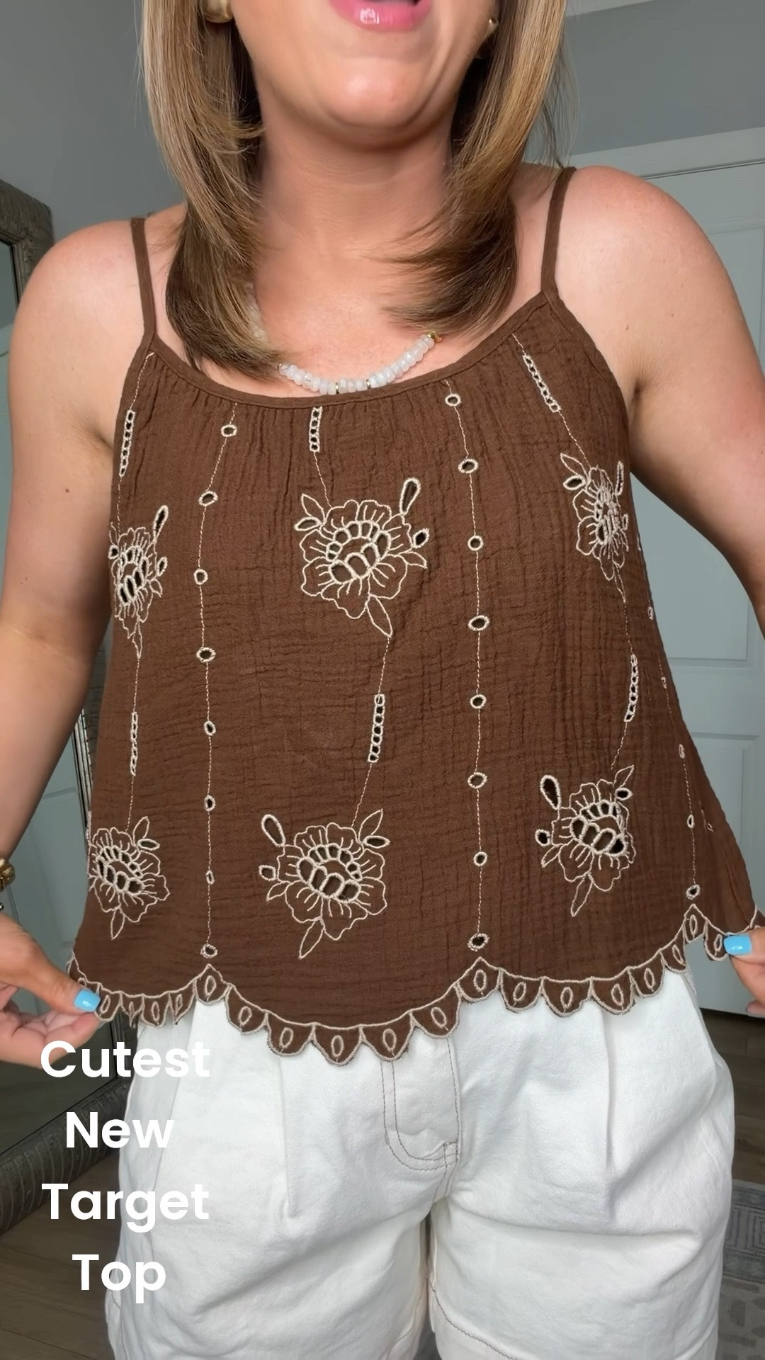 Okay, this Target top is even prettier in person! 🤎✨

The embroidered floral details, delicate scalloped hem, and rich chocolate brown color make this look feel so elevated. It’s one of those pieces that looks designer-inspired but comes with a Target price tag.

I paired it with cream shorts for a classic summer look, but it would be just as cute with white jeans, denim, or a flowy skirt heading into fall.

✨ Gorgeous embroidered details
✨ Scalloped hemline
✨ Trending chocolate brown color
✨ Lightweight and easy to style
✨ Boutique vibes for less

This is exactly the type of Target find that sells out before the season is over! 😍

#TargetStyle #TargetFashion #TargetFinds #TargetTop #EmbroideredTop #ScallopDetail #BrownTop #SummerStyle #FallTransitionStyle #TargetNewArrivals #AffordableFashion #OOTD #FashionFinds #BoutiqueStyle #WomenFashion #CasualChic #EverydayStyle #TargetHaul #StyleInspiration #TrendingFashion

#LTKootd #LTKPetite