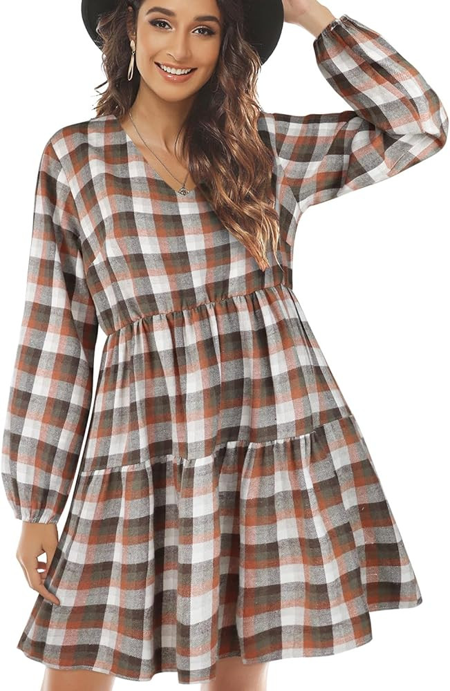 FANCYINN Womens Long Sleeve Buffalo Plaid Shift Tunic Dress Ruffle Hem Vneck Casual Swing Babydol... | Amazon (US)