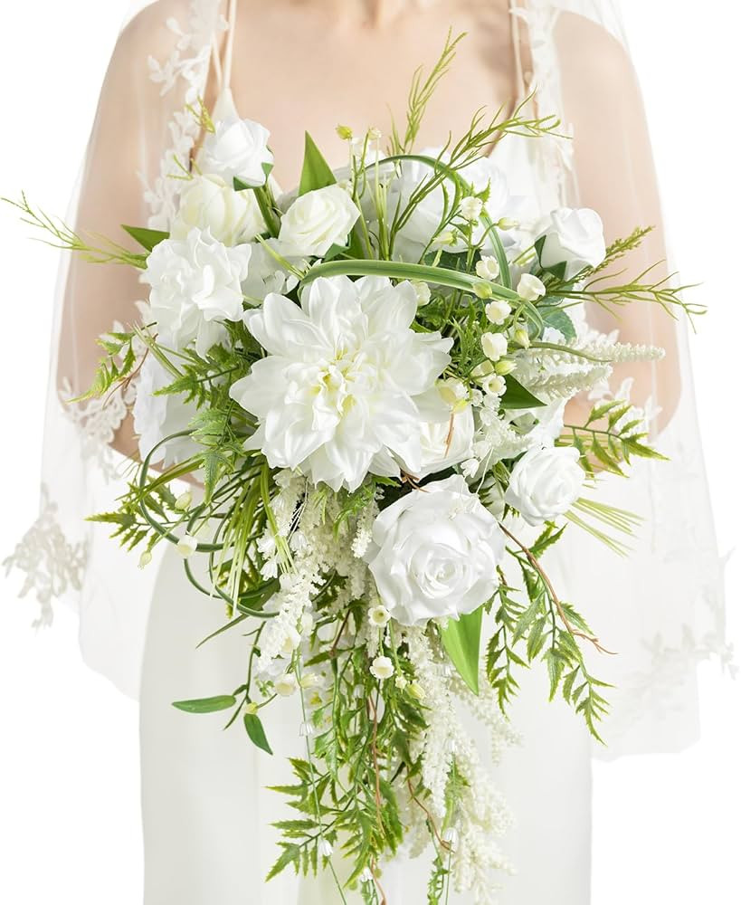 Ling's Moment White Green Bridal Bouquet for Bride, White Green Wedding Bouquets for Bride, 13 In... | Amazon (US)