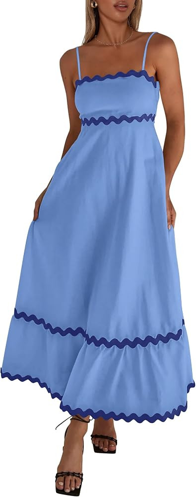 XIONGMEI Women Summer Dresses Spaghetti Straps Sleeveless Square Neck Smocked Rickrack Trim Boho ... | Amazon (US)