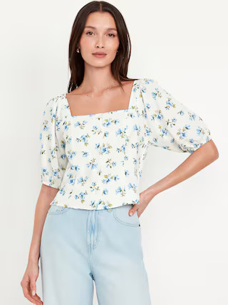 Puff-Sleeve Linen-Blend Floral Top | Old Navy (US)
