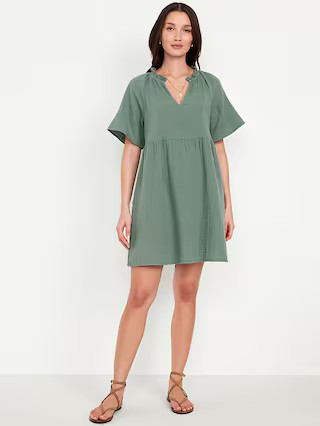 Split-Neck Crinkle Gauze Mini Swing Dress | Old Navy (US)
