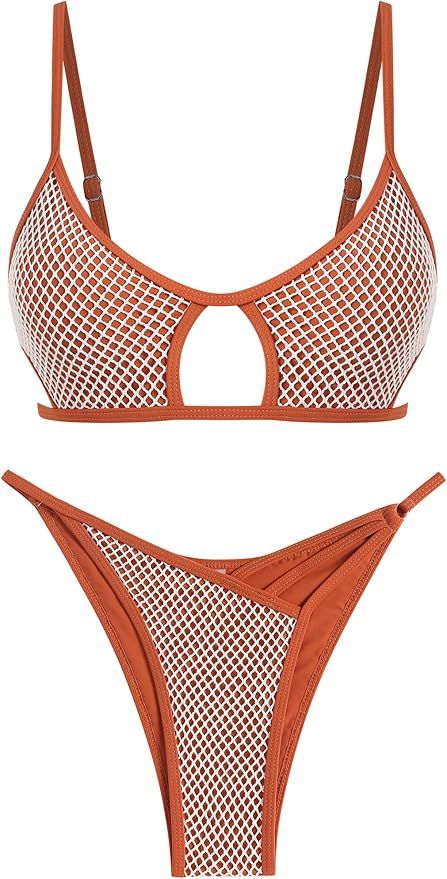 ZAFUL Women's Sexy Cutout Bikini Thong Bikini Set Tie Back Two Piece Swimsuit Bathing Suit | Amazon (US)