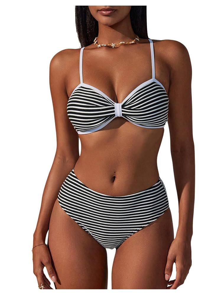 Verdusa Women's 2 Piece Striped Bikini Set Summer Vacation Swimsuit Bathing Suit | Amazon (US)