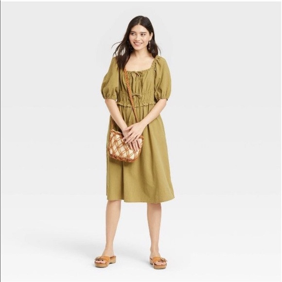 Universal Thread | Puff Sleeve Milkmaid Midi Dress Olive Green Size Small | Poshmark