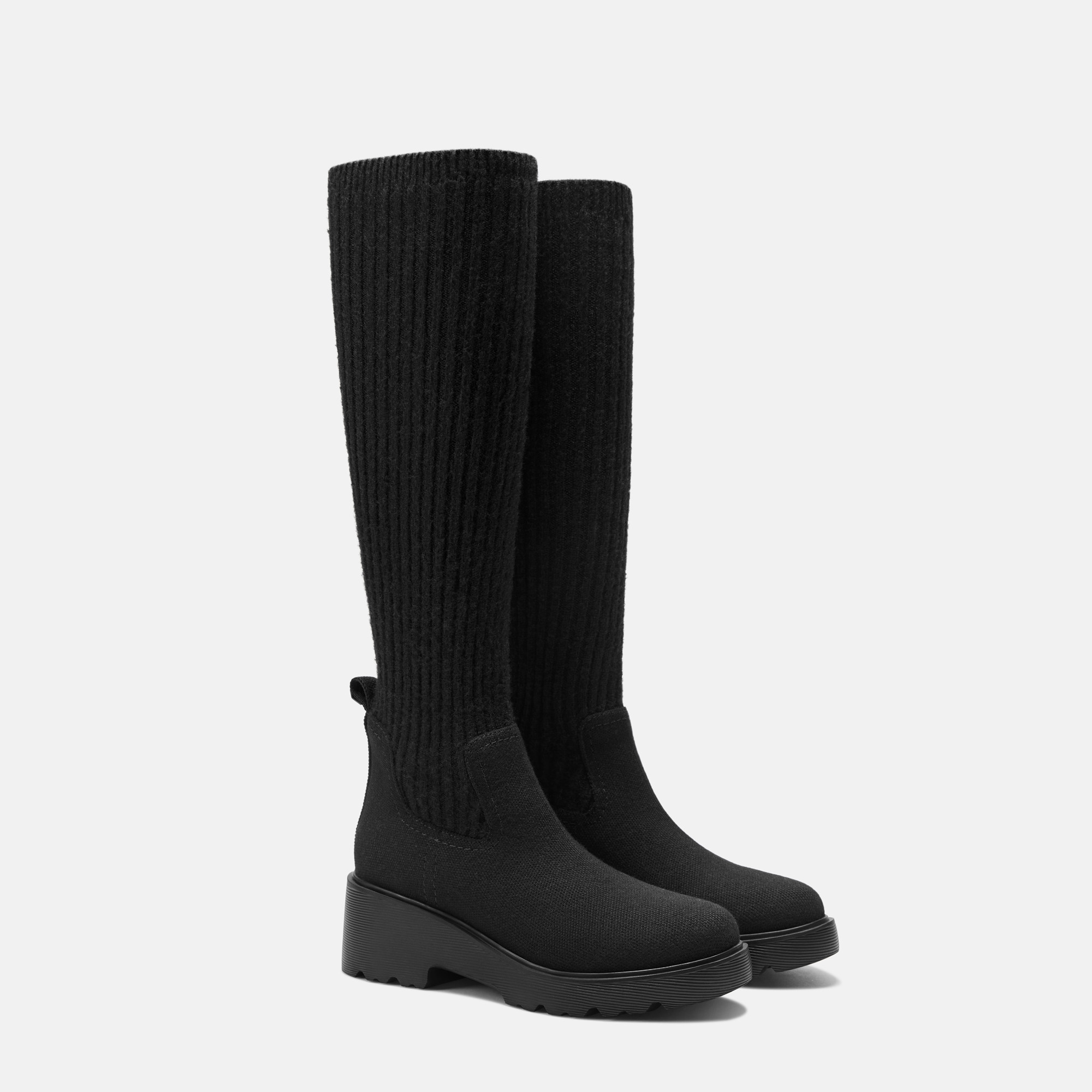 VIVAIA Round-Toe Knee-High Wool Wedge Boots (Eduarda)|BLACK|UK 8.5 | VIVAIA