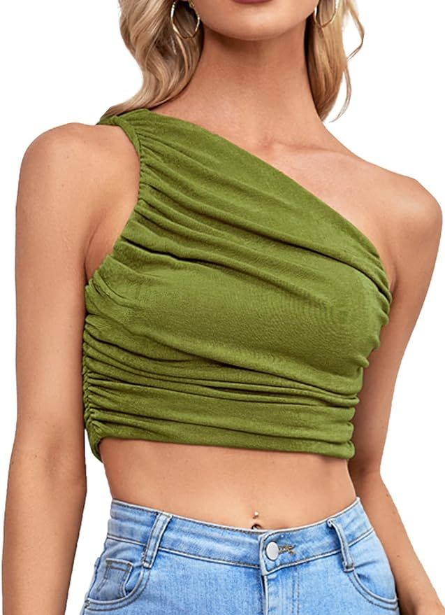LYANER Women's Sexy Ruched One Shoulder Sleeveless Crop Top Strappy Cami Tank | Amazon (US)