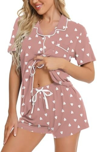 SWOMOG Womens Button Down Pajamas Set Short Sleeve Sleepwear Bride Soft Pj Lounge Sets XS-3XL | Amazon (US)