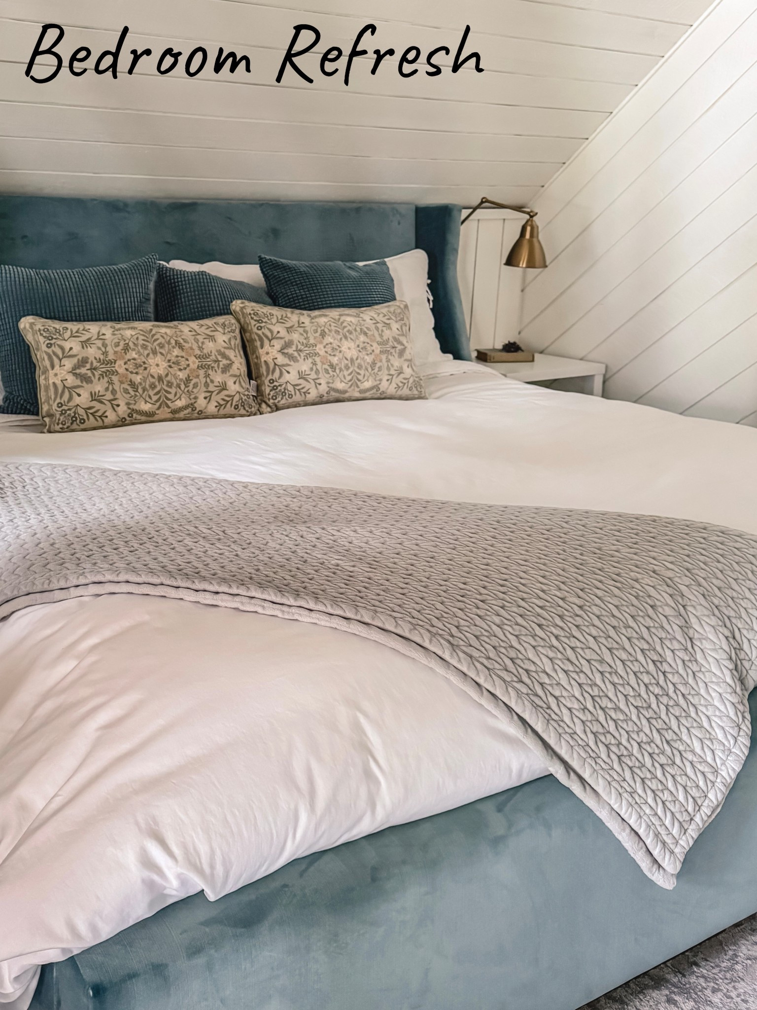 A blue velvet bed frame, soft duvet, throw, accent pillows, good lighting and a night stand with storage make for a lovely bedroom. If you’re looking for a pick me up or refresh, changing out even just one of those elements will do the trick  

#LTKstyletip #LTKhome