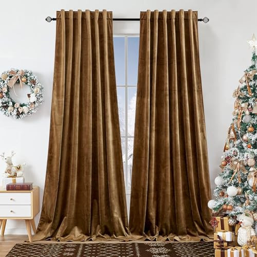 Dchola Gold Brown Velvet Curtains for Bedroom Window with Back Tab, Super Soft Vintage Luxury Heavy Drapes, Room Darkening Thermal Insulated Curtain for Living Room, W52 by L63 inches, 2 Panels | Amazon (US)