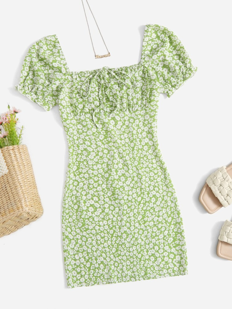 SHEIN VCAY Ditsy Floral Ruched Bust Tie Front Puff Sleeve Dress | SHEIN