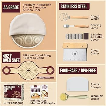 Superbaking Banneton Bread Proofing Basket Set with Silicone Dough Sling, 9" Splinter-Free Proofi... | Amazon (US)