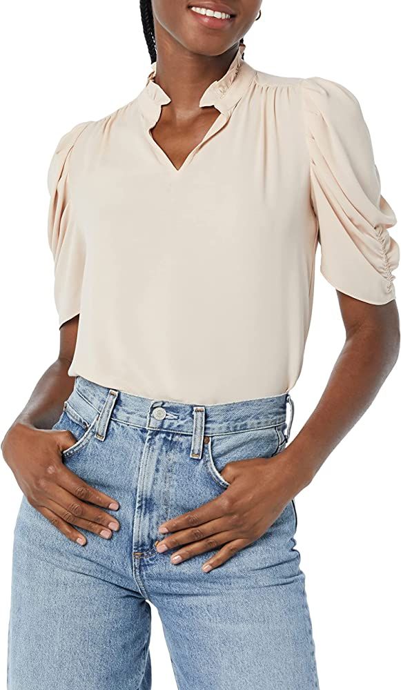 Amazon Essentials Women's Georgette Half-Sleeve Ruffle Neck Woven Blouse | Amazon (US)