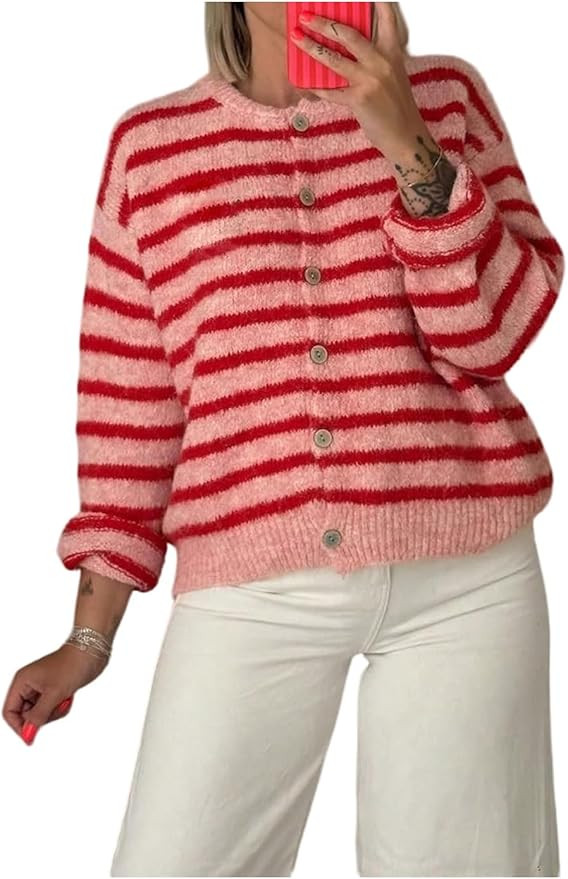 Milumia Women's Striped Button Up Cardigan Sweater Y2k Fall Long Sleeve Crewneck Oversized Sweate... | Amazon (US)