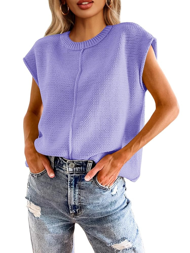 Saodimallsu Womens Summer Cap Sleeve Tops Casual Crew Neck Loose Fit Knit Lightweight Sweater Pul... | Amazon (US)