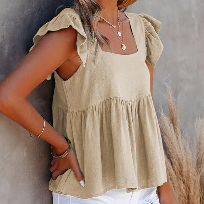 Oplxuo Womens Cute Tank Tops Summer Casual Peplum Babydoll Square Neck Ruffle Cap Sleeve Shirts | Amazon (CA)