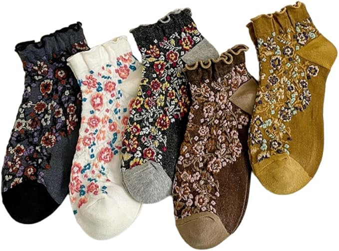 5 Pairs Vintage Floral Patterned Socks for Women, Cute Combed Cotton Ruffle Ankle Socks | Amazon (US)
