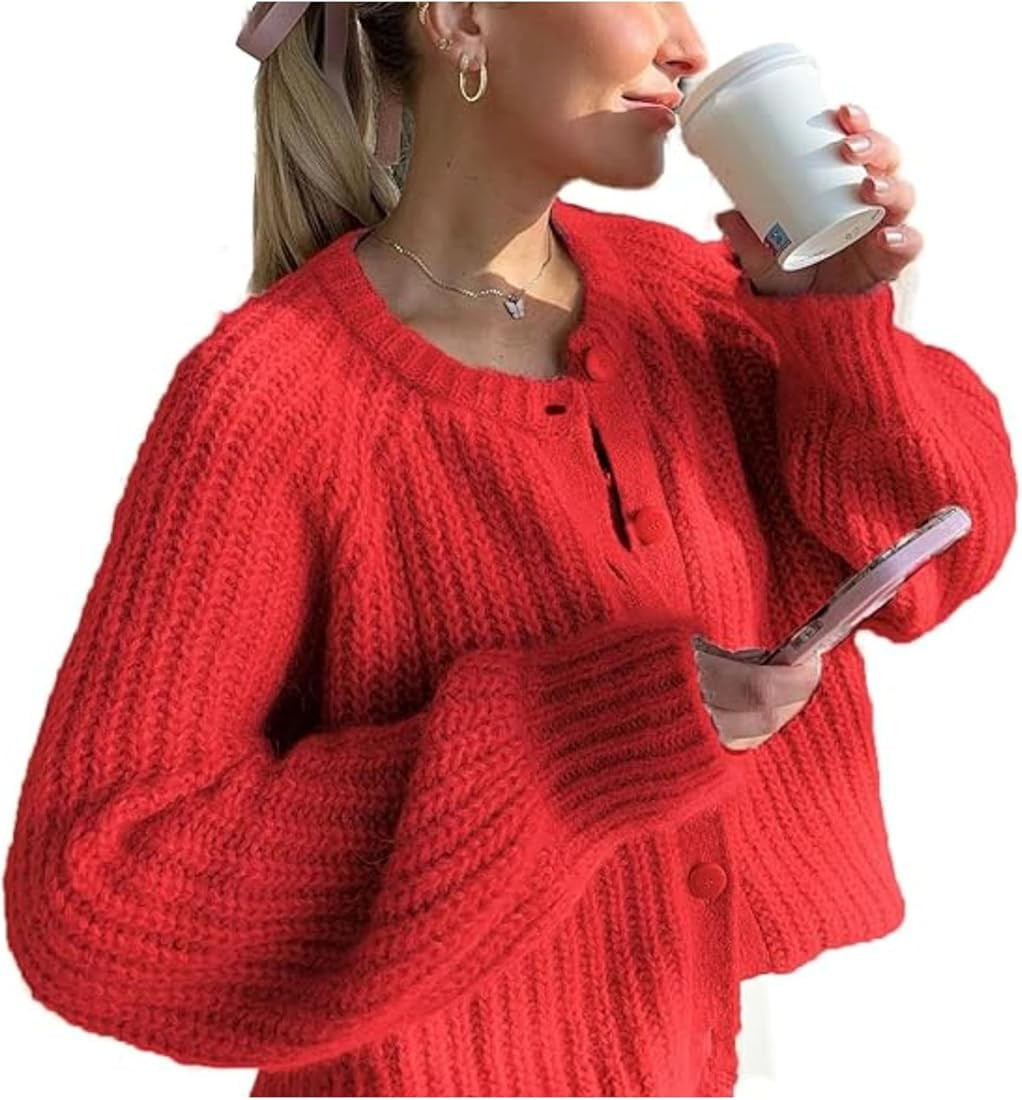 Esmeling Women’s Long Sleeve Crewneck Sweater Cardigans Fall Casual Solid Chunky Knit Coat | Amazon (US)