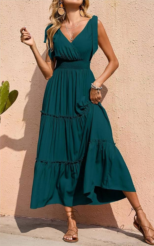 PRETTYGARDEN Women's Cross Neck Summer Sleeveless Tiered Maxi Dress Beach Tie Strap Smocked Long Dre | Amazon (US)