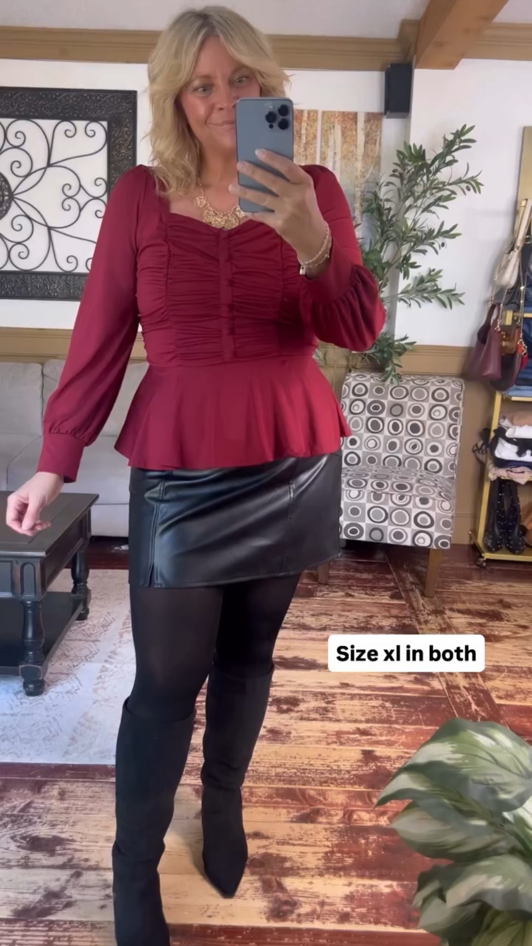 Size xl in both the faux leather mini skirt and the pumpkin ruched blouse- cute for the holidays or workwear 

#LTKFindsUnder50 #LTKMidsize #LTKWorkwear