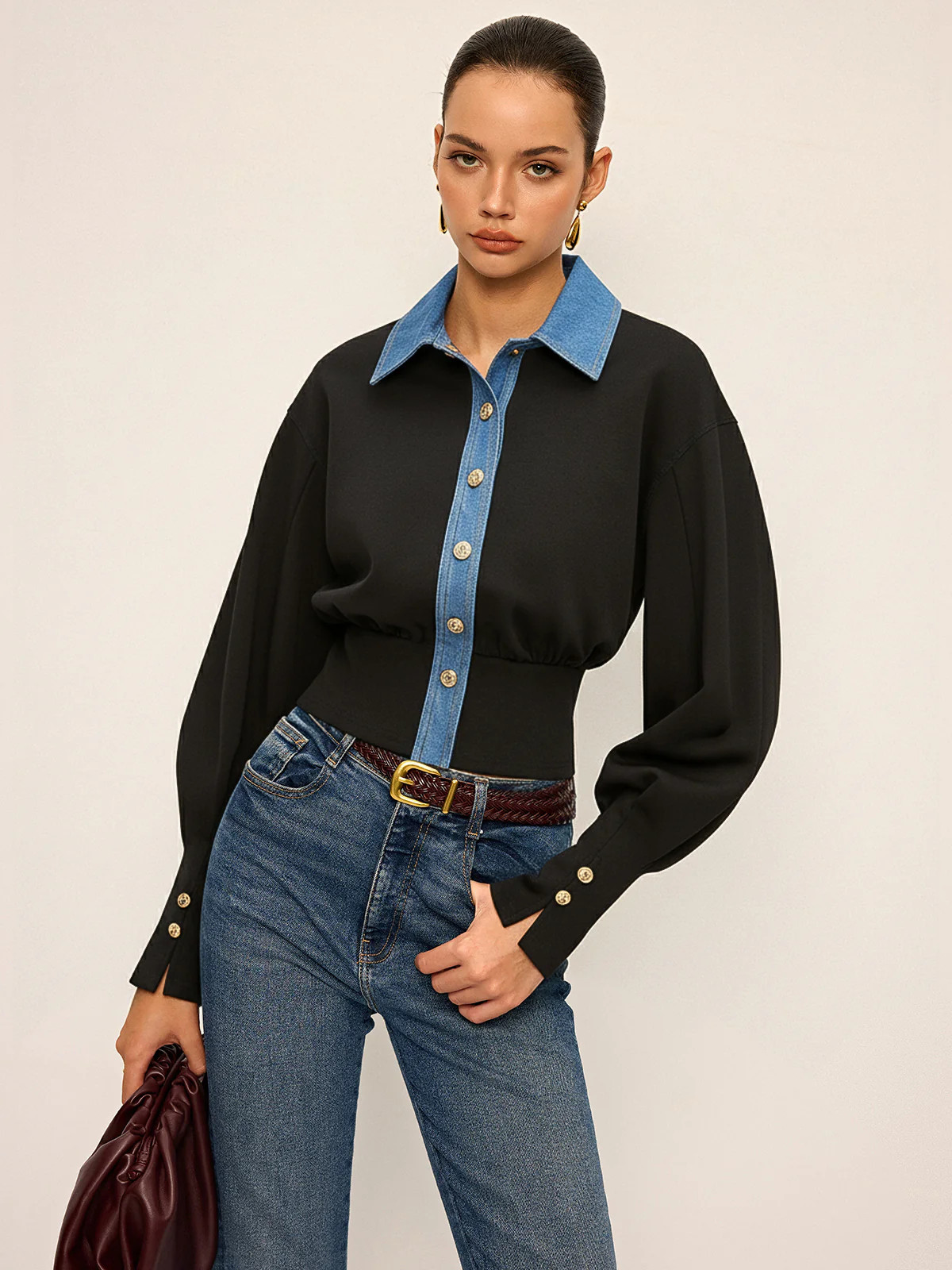 Denim Trim Buttoned Sweater | Commense
