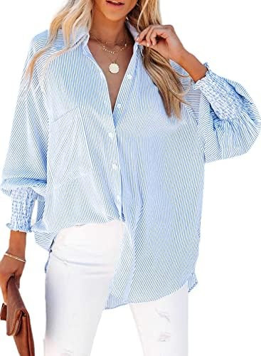 Womens Smocked Cuffed Striped Boyfriend Shirt Casual Collar Long Sleeve Oversized Button Down Blo... | Amazon (US)