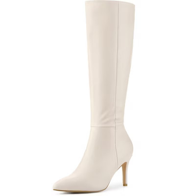 BLISSFUL STEP Women's Zipper Pointed Toe Stiletto Heel Knee High Dress Boots 8 Cream | Target