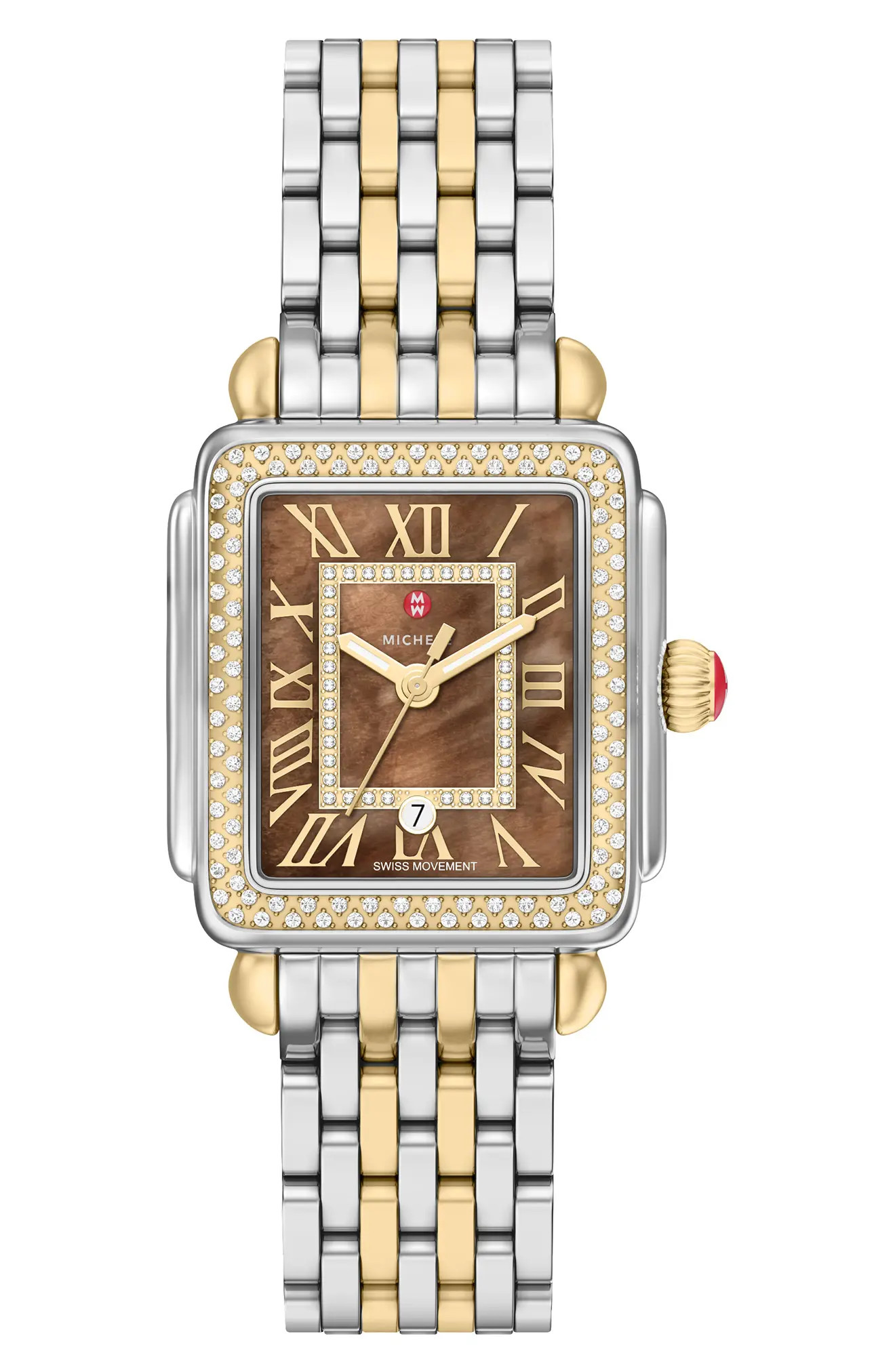 MICHELE Deco Madison Mid Two-Tone 18K Gold Plate Diamond & Mother-of-Pearl Bracelet Watch, 29mm x... | Nordstrom