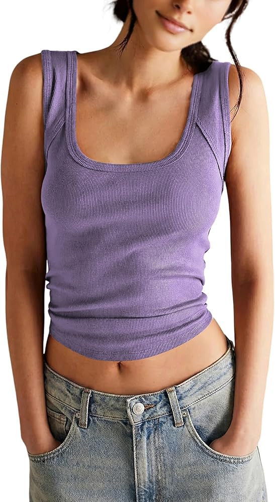 Springrain Women's Sleeveless Scoop Neck Ribbed Tank Tops Lightweight Fitted Cami Tee Shirts | Amazon (US)