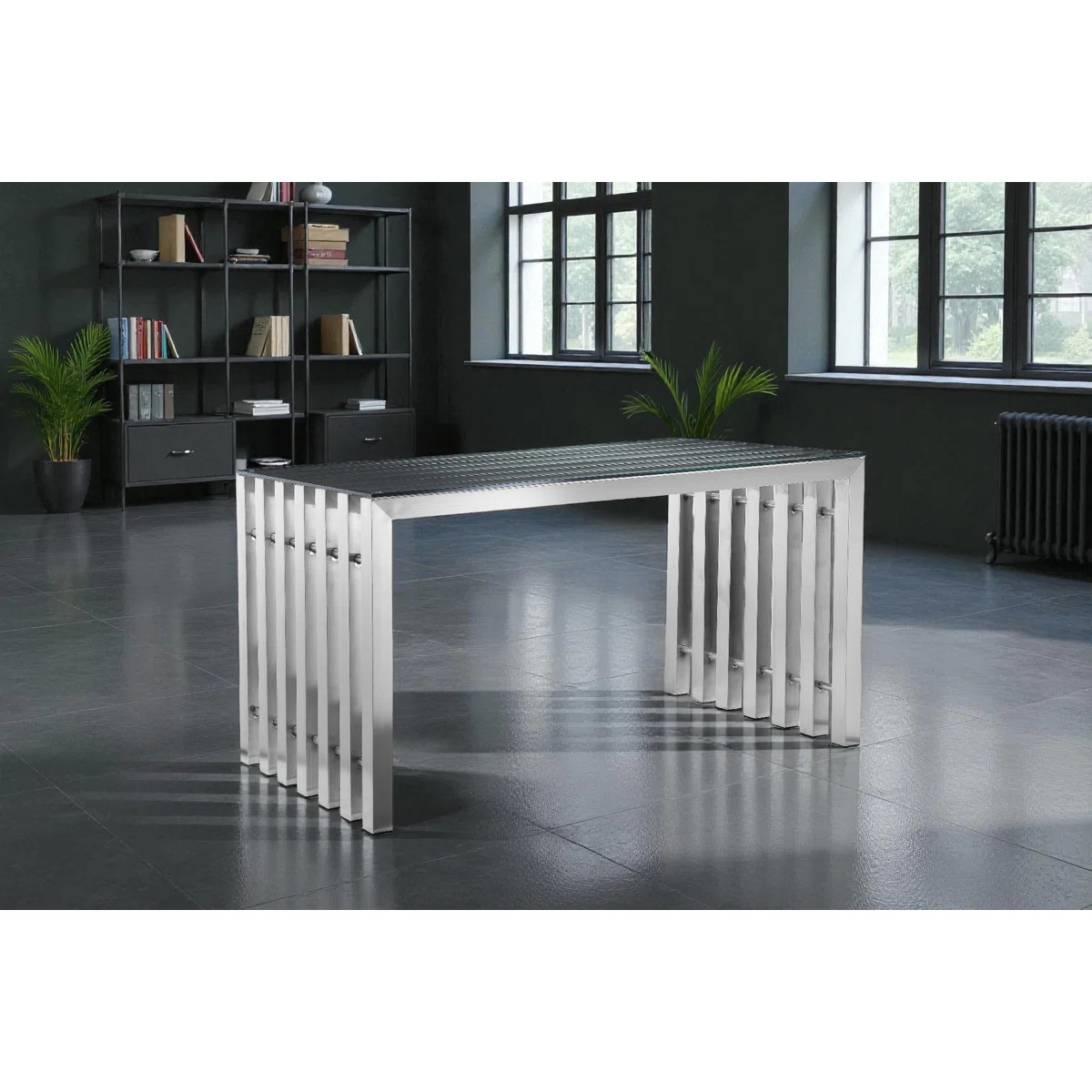 Pangea Home Vlad Glass Modern Metal Desk – Brushed Steel Writing Desk, Industrial Contemporary ... | Wayfair North America